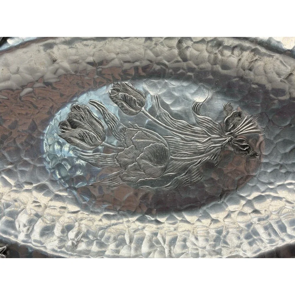 Vintage Rodney Kent Hand Wrought Hammered Aluminum TULIP Oval Tray w Handles 14